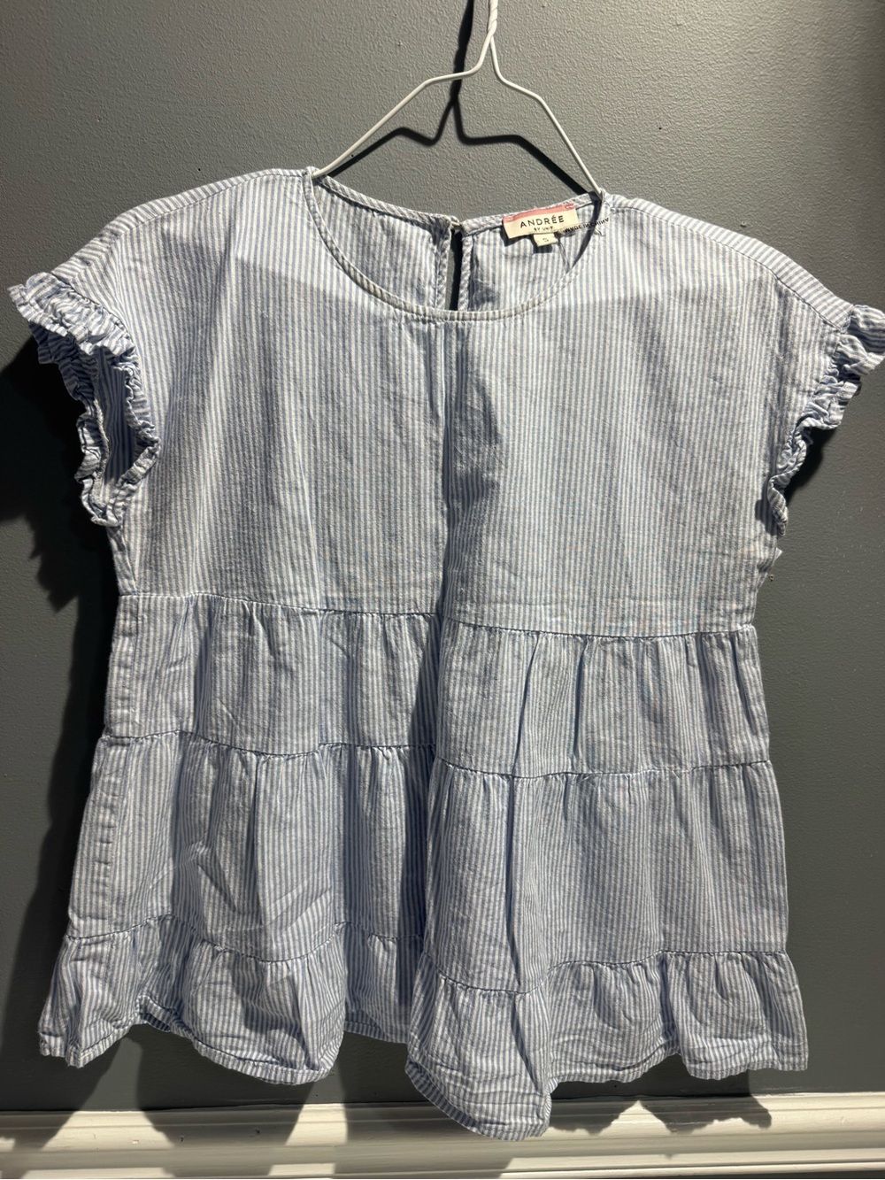 Andree Light Blue & White Striped Tiered Ruffle Blouse
